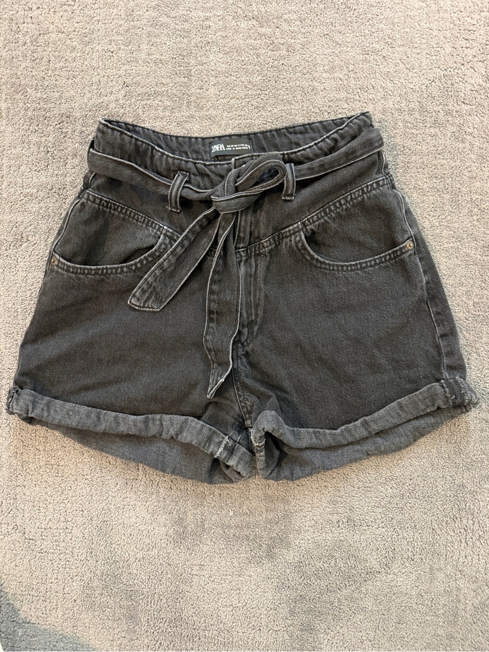 Zara Charcoal Tie-Waist Denim Shorts 100% ecologically grown cotton